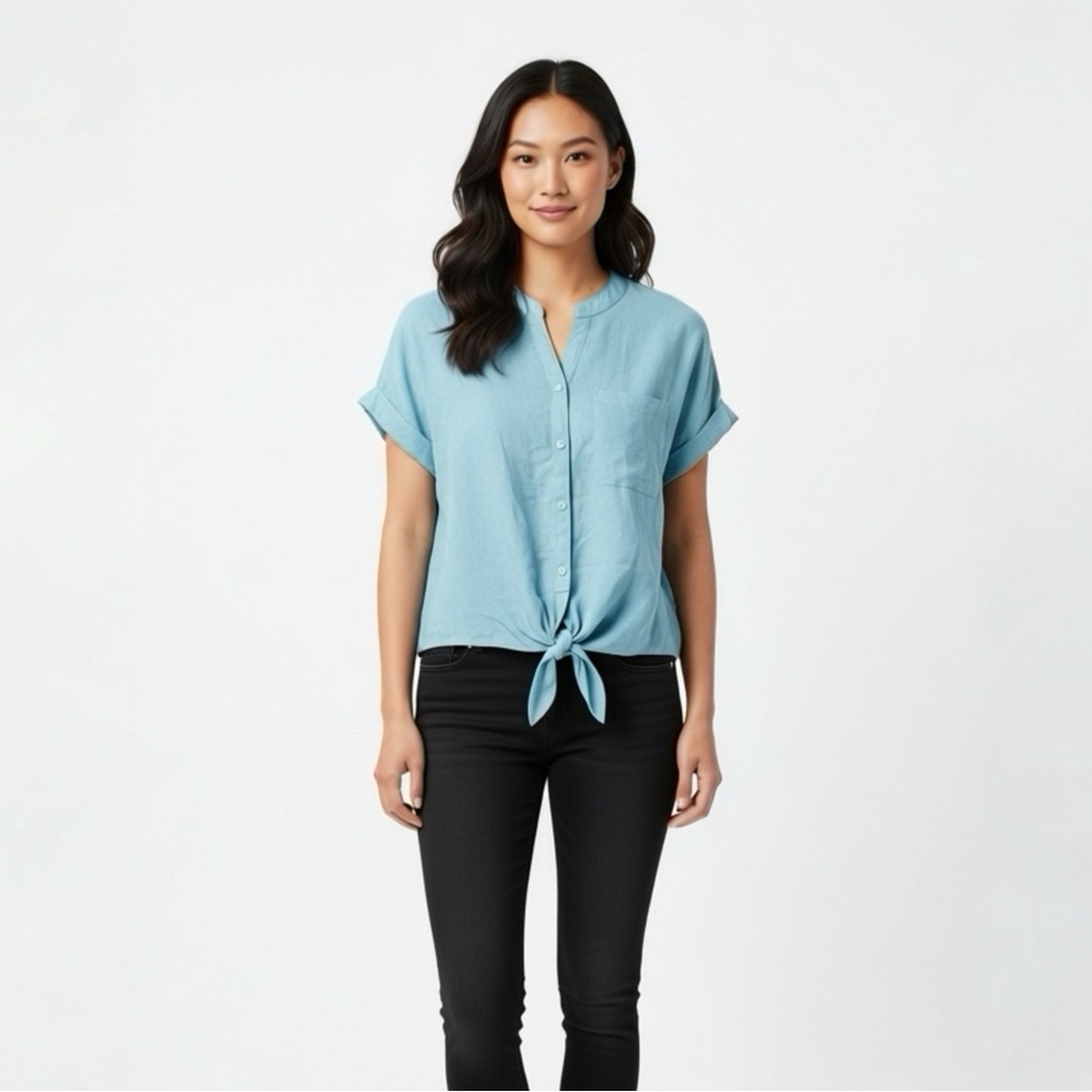 Tahari Short Sleeve Button Up Blouse Chambray - Size XL